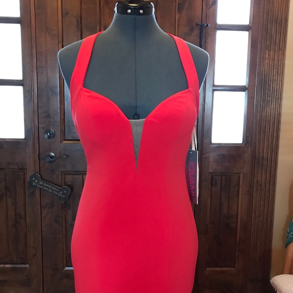JVN Jovani RED ORANGE Illusion Mermaid Gown #25092 - Picture 2 of 6